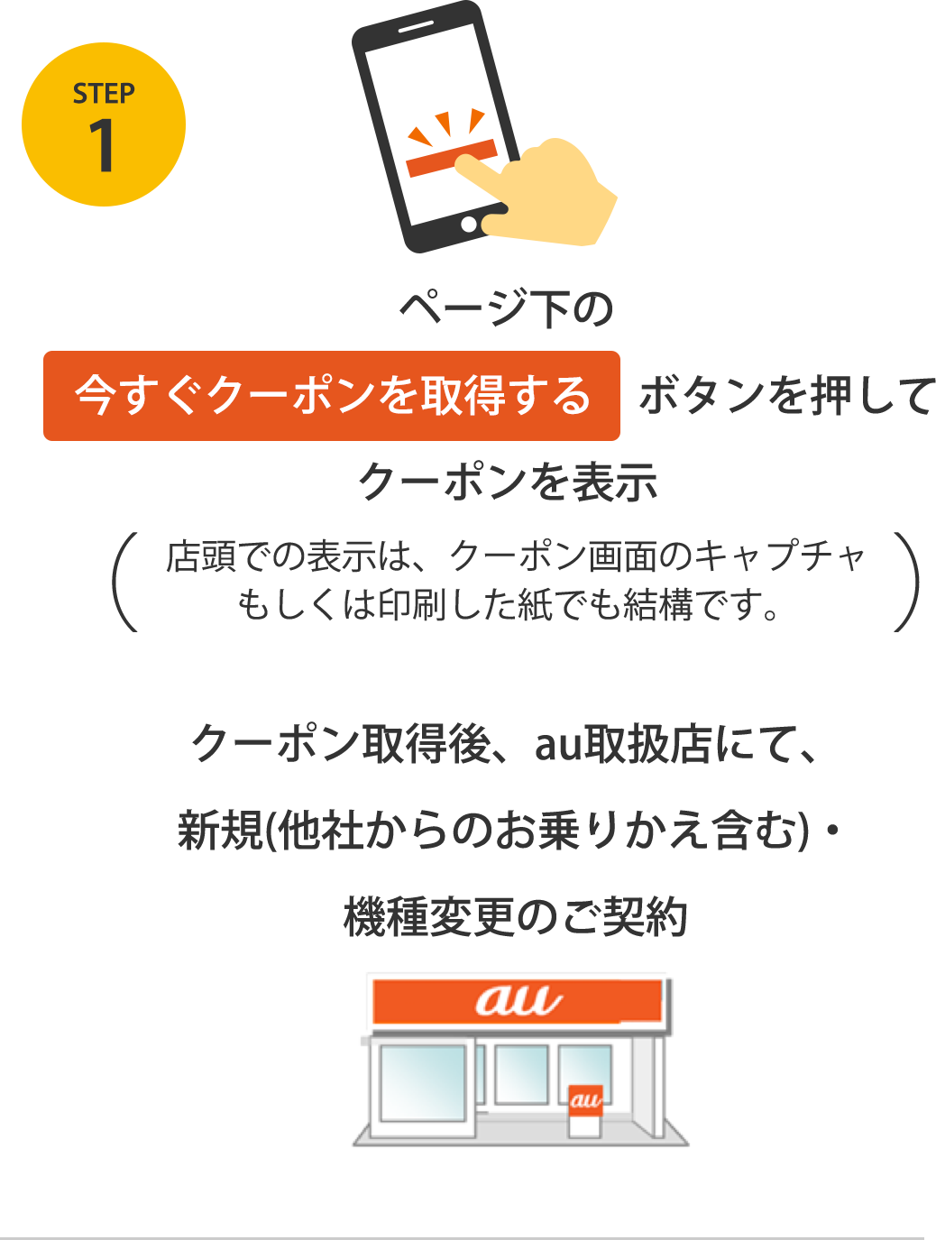 STEP1 ページ下の［今すぐクーポンを取得する］ボタンを押してクーポンを表示（店頭での表示は、クーポン画面のキャプチャもしくは印刷した紙でも結構です。）クーポン取得後、au取扱店にて、新規(他社からの乗りかえ含む)・機種変更のご契約